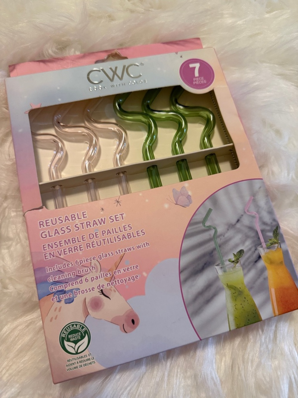 CWC Reusable Glass Straw Set - Pink & Green